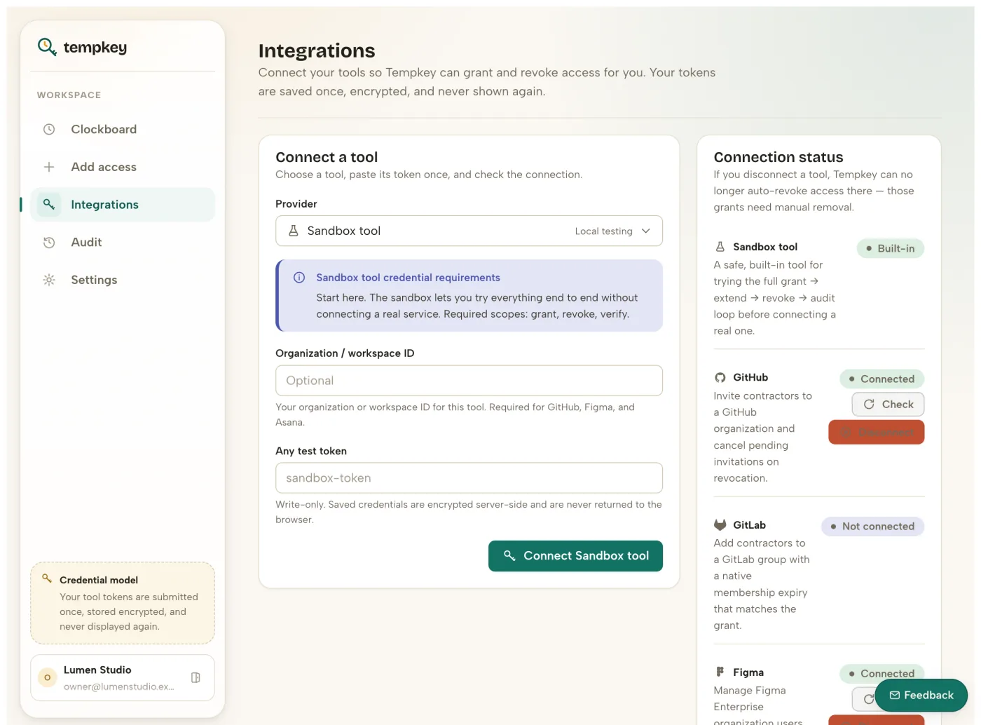 Tempkey integrations screen: connecting a tool with a write-only token field, next to a connection-status panel listing GitHub as connected and GitLab as not connected.